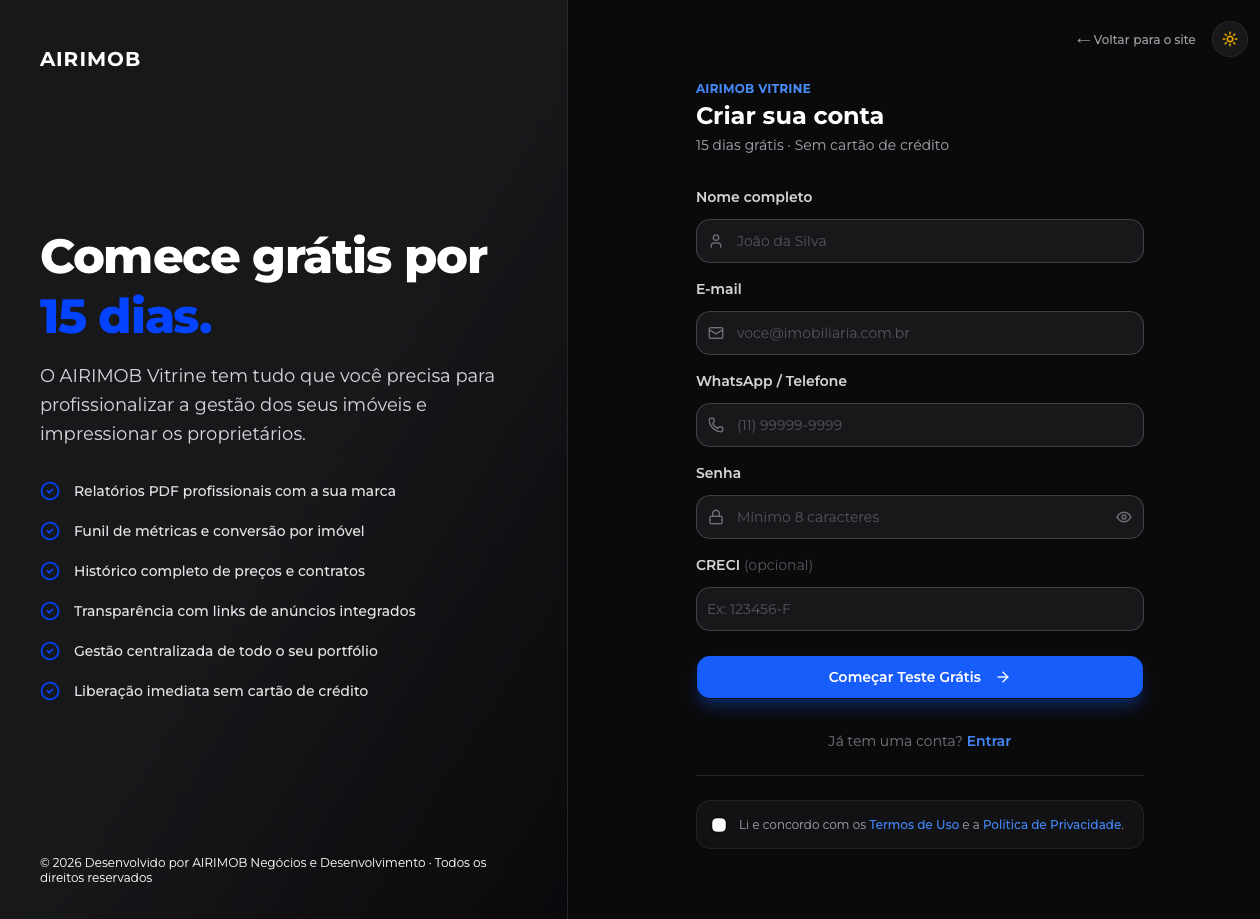 tela de cadastro completa, com o painel de benefícios à esquerda