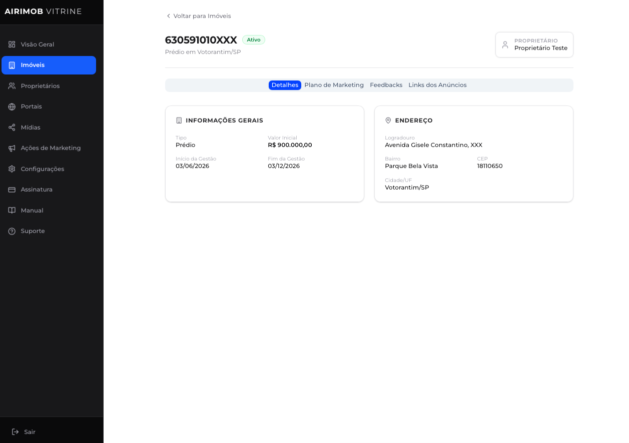 página do imóvel com as 4 abas visíveis